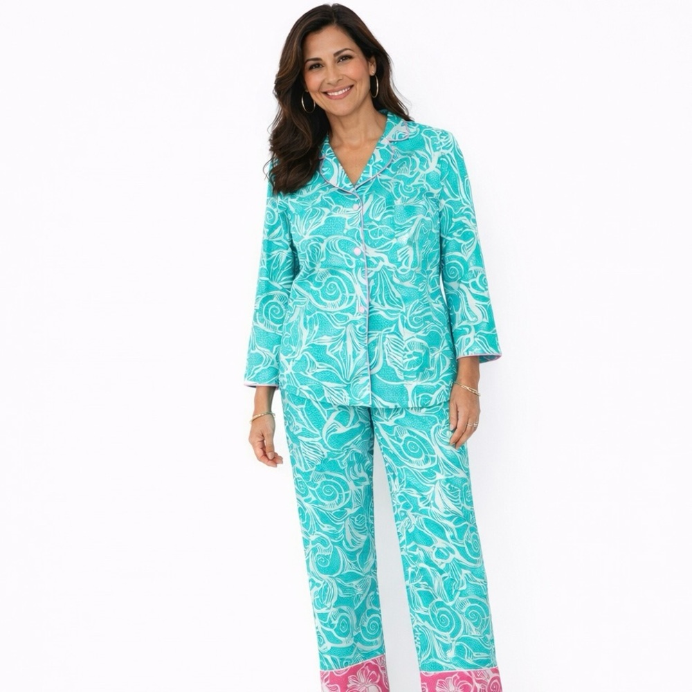 Lilly Pulitzer 100% Cotton Seashell Turquoise/White Button Down Pajama Set sz XS